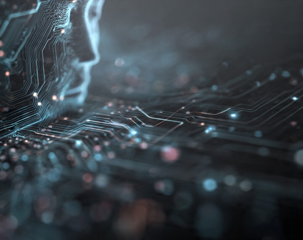 Ilustracja w stonowanych niebiesko-szarych tonach z neonowymi akcentami – brand book w centrum przekształcający się w holograficzne warstwy i wzory obwodów, symbolizujące ewolucję