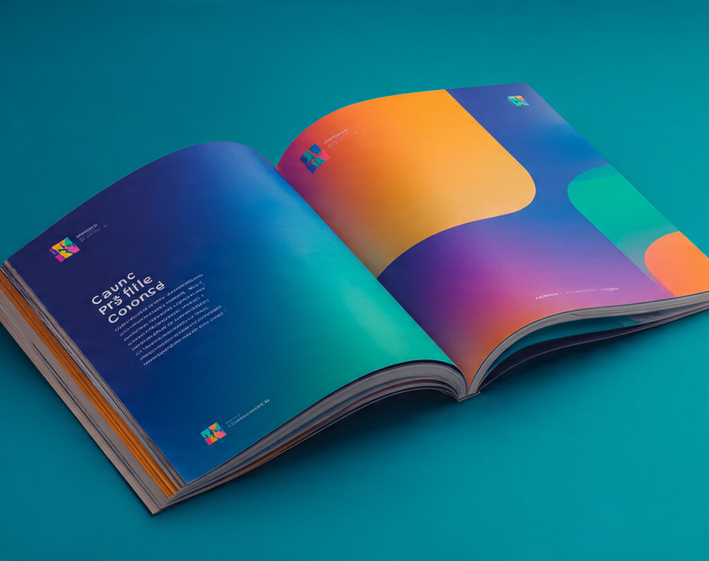 Ilustracja otwartego brand booka na żywo niebiesko-turkusowym tle z pomarańczowymi i fioletowymi akcentami, pokazująca strony z logo, paletą kolorów, typografią, wartościami i tonem marki