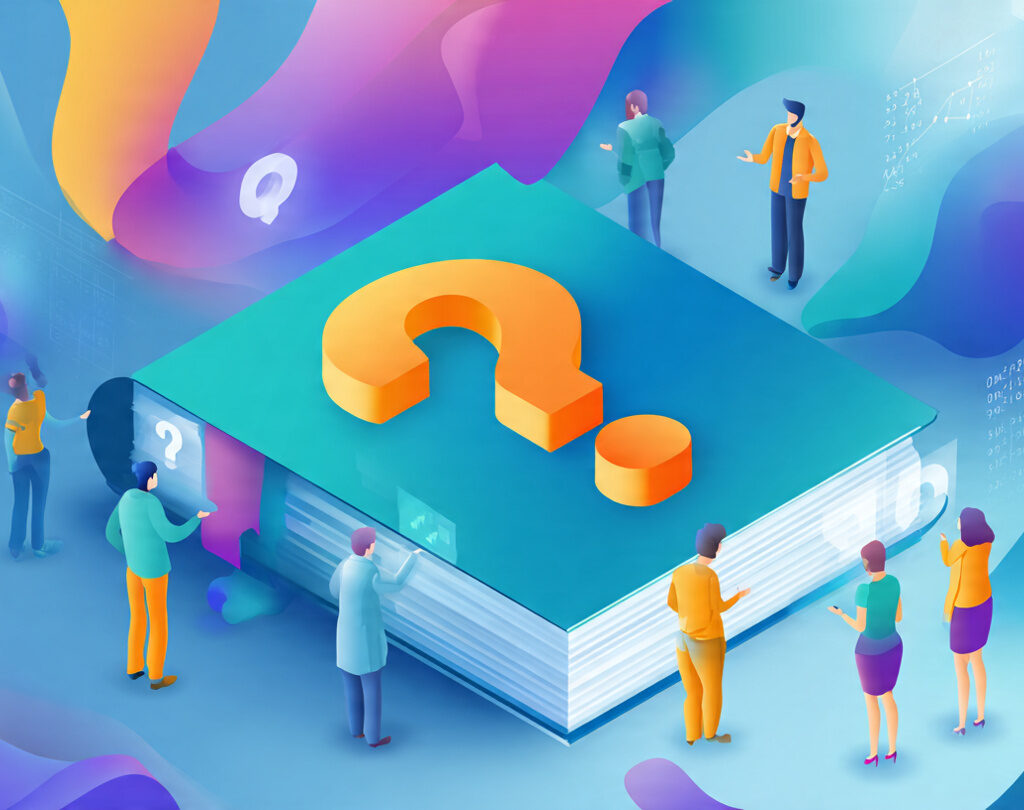 Ilustracja w żywych niebiesko-turkusowych barwach z akcentami pomarańczu – grupa osób omawia brand book, wokół unoszą się znaki zapytania