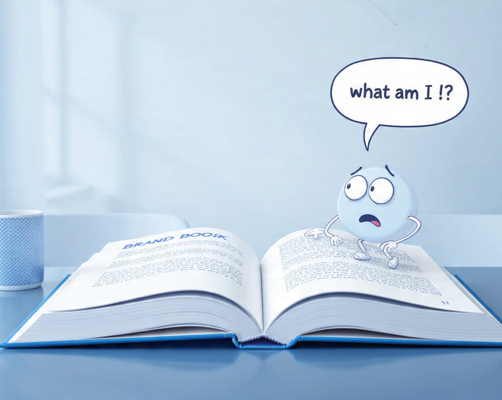 Ilustracja brand booka – otwarta książka z napisem BRAND BOOK na niebiesko-białym tle, obok zabawna postać z dymkiem ‘co ja właściwie jestem?
